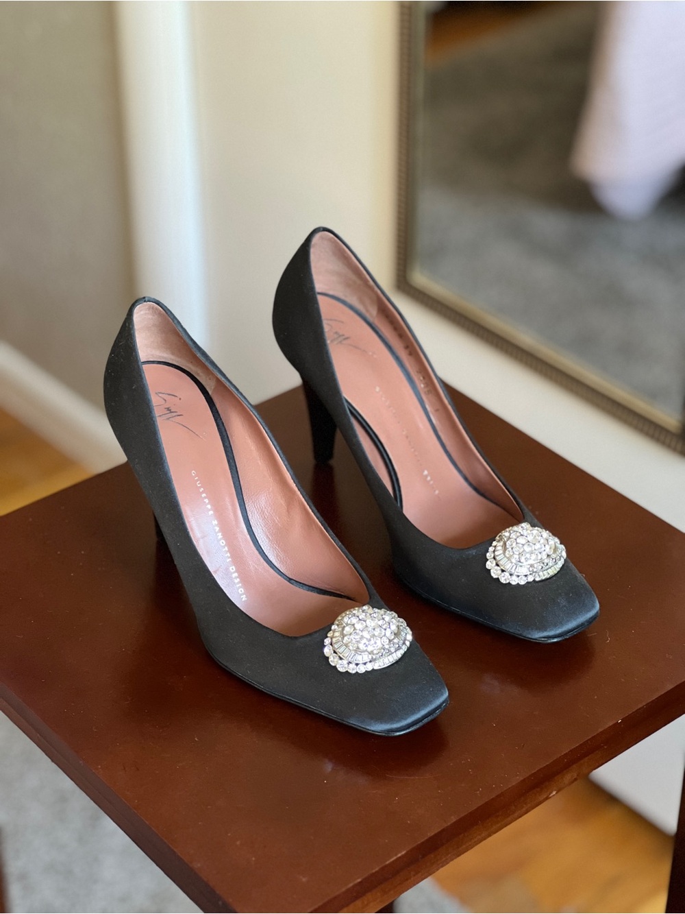 Giuseppe Zanotti Black Satin Crystal-Embellished Pumps